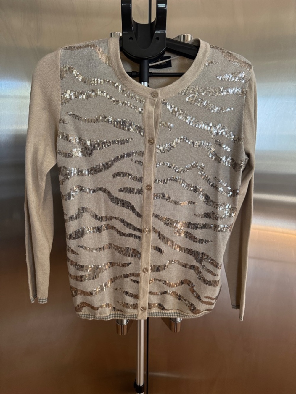 Sequin Zebra Stripe Cardigan - Neutral Beige